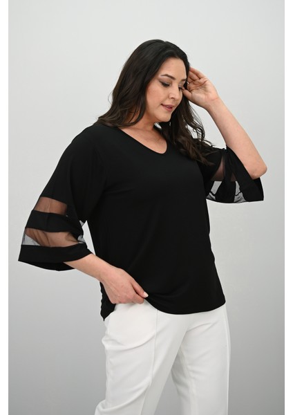 Kadın Büyük Beden Yarasa Kol Tül Detaylı Bluz 1901-25 modelleri