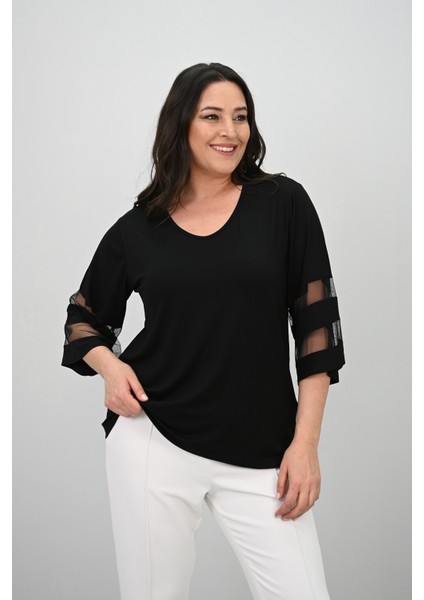 Kadın Büyük Beden Yarasa Kol Tül Detaylı Bluz 1901-25 indirimleri