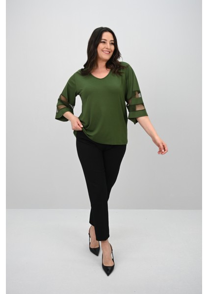 Kadın Büyük Beden Yarasa Kol Tül Detaylı Bluz 1901-25