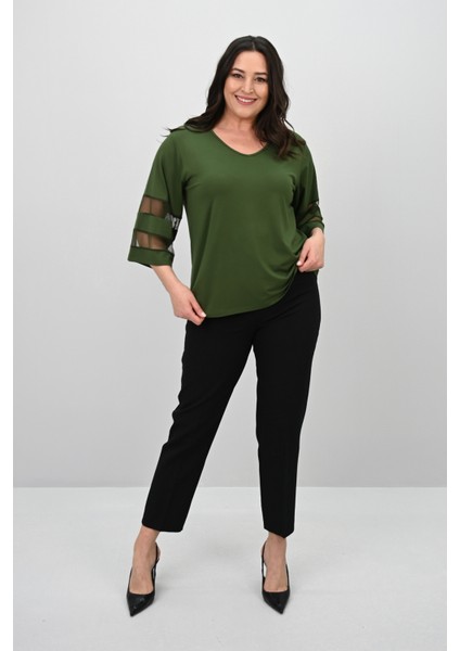 Kadın Büyük Beden Yarasa Kol Tül Detaylı Bluz 1901-25 fiyatları