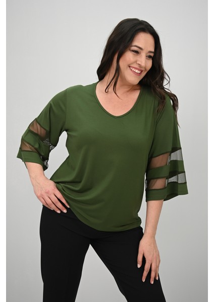Kadın Büyük Beden Yarasa Kol Tül Detaylı Bluz 1901-25 fırsatları