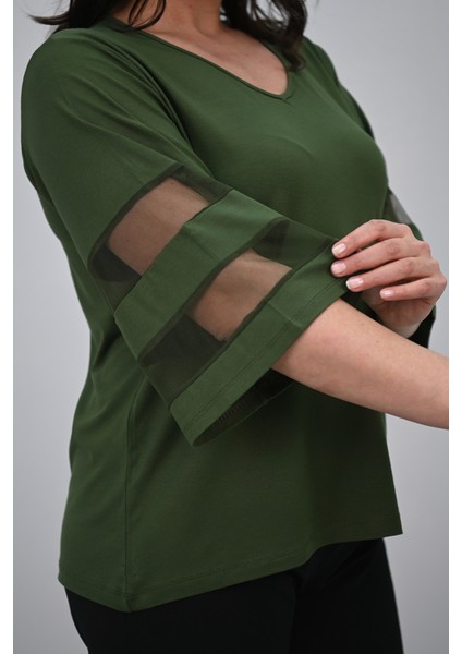 Kadın Büyük Beden Yarasa Kol Tül Detaylı Bluz 1901-25 indirimleri