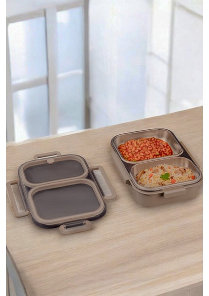 Bento 2 Bölmeli Taşınabilir Paslanmaz Çelik Yemek Kabı Termosu Lunch Box Dikdörtgen Haki 1000ML