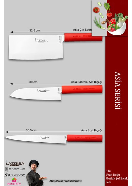 Asia Serisi Mutfak Şef Bıçağı Seti Et Ekmek Sebze Şef Bıçak 3 Lü Set Günlük Kullanım ( Mtf-134)