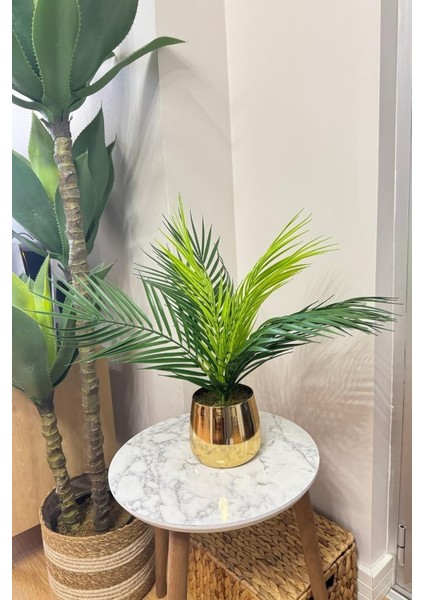 Yapay Çiçek Palmiye Areka Yapay Bitki Gold Metal Saksı Salon Çiçeği 9 Yaprak 50 cm