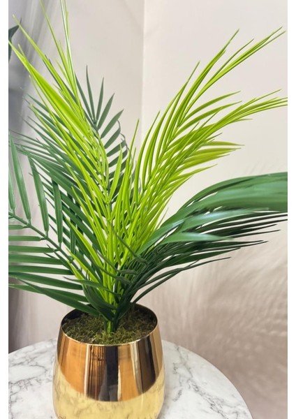 Yapay Çiçek Palmiye Areka Yapay Bitki Gold Metal Saksı Salon Çiçeği 9 Yaprak 50 cm