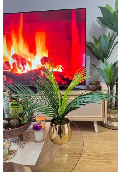 Yapay Çiçek Palmiye Areka Yapay Bitki Gold Metal Saksı Salon Çiçeği 9 Yaprak 50 cm