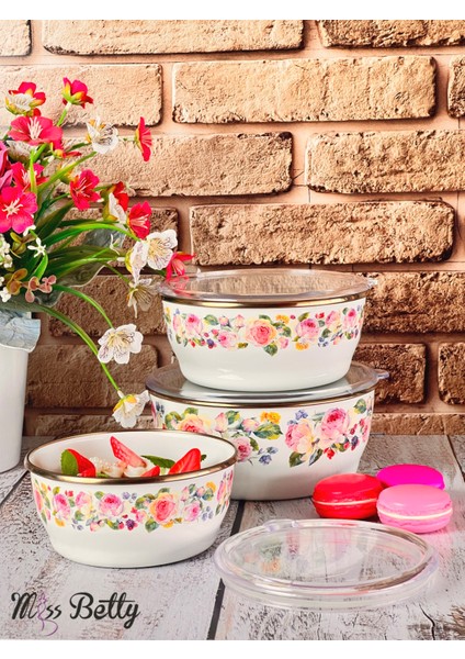 Rose Deluxe 3'lü Emaye Saklama Kabı 14-16-18 cm