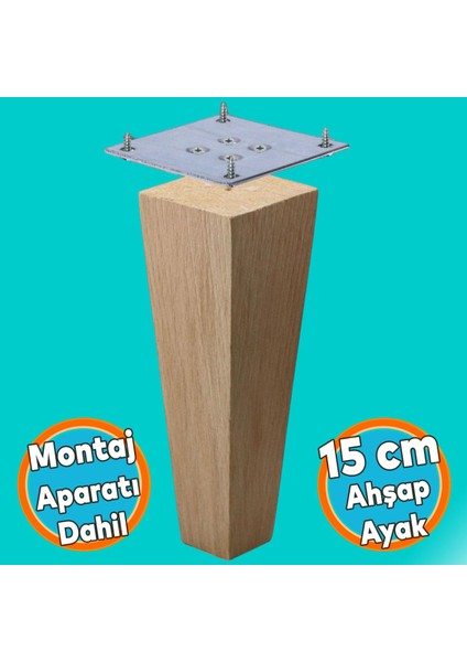 Ahşap Ayak Kare Bağlantı Aparatı Dahil Mobilya Koltuk Kanepe Sehpa Masa Ayağı Ayakları 15 cm Boyasız