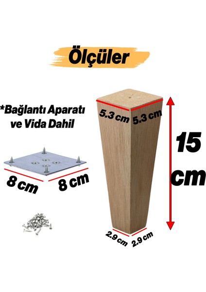 Ahşap Ayak Kare Bağlantı Aparatı Dahil Mobilya Koltuk Kanepe Sehpa Masa Ayağı Ayakları 15 cm Boyasız