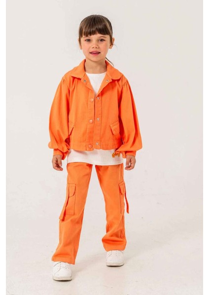 Çiçek Işleme Keten Renkli Kargo Cepli Kız Çocuk 3 lü takım - Oranj fiyatları