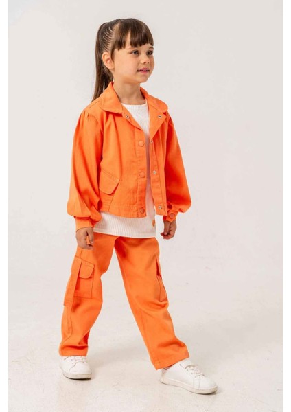 Çiçek Işleme Keten Renkli Kargo Cepli Kız Çocuk 3 lü takım - Oranj fırsatları