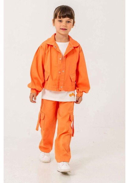 Çiçek Işleme Keten Renkli Kargo Cepli Kız Çocuk 3 lü takım - Oranj indirimleri