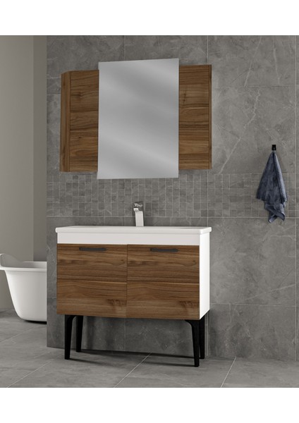 Toronto Banyo Dolabı 100 cm 2'li Set Beyaz-Ceviz