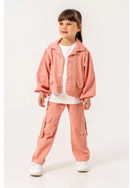 Çiçek Işleme Keten Renkli Kargo Cepli Kız Çocuk 3 lü takım - Somon