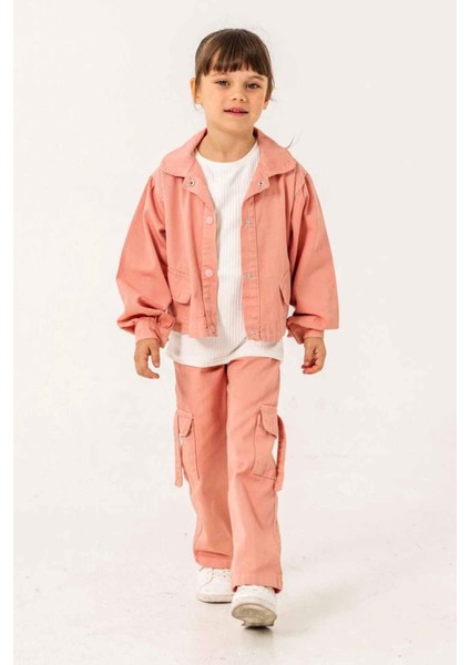 Çiçek Işleme Keten Renkli Kargo Cepli Kız Çocuk 3 lü takım - Somon modelleri