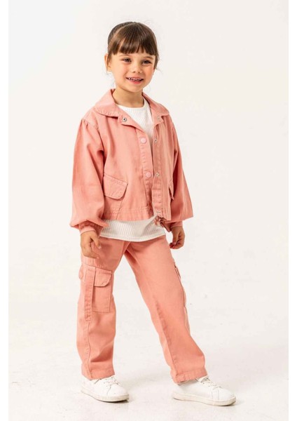 Çiçek Işleme Keten Renkli Kargo Cepli Kız Çocuk 3 lü takım - Somon indirimleri