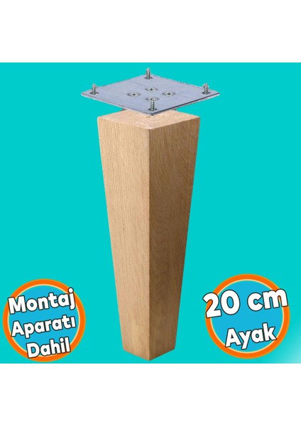 Ahşap Ayak Kare Bağlantı Aparatı Dahil Mobilya Koltuk Kanepe Sehpa Masa Ayağı Ayakları Boyasız 20 cm