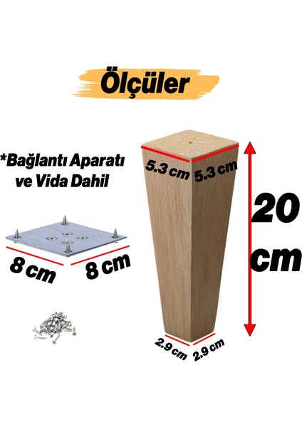 Ahşap Ayak Kare Bağlantı Aparatı Dahil Mobilya Koltuk Kanepe Sehpa Masa Ayağı Ayakları Boyasız 20 cm