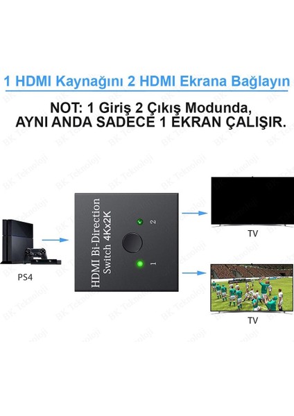 HDMI Switch → 4K 3D Destekli HDMI Switch – 2 Giriş 1 Çıkış Veya 1 Giriş 2 Çıkış