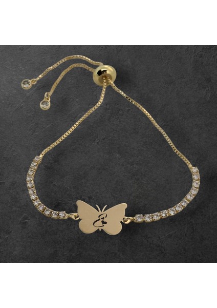 Kelebek Figürlü 14 Ayar Altın Plakalı Harf Desenli Beyaz Taşlı Bileklik