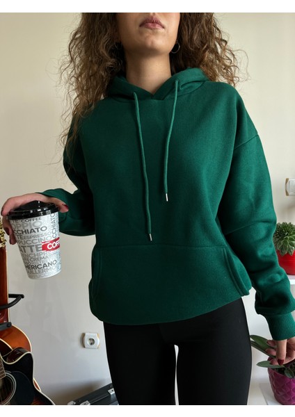 Koyu Yeşil 3 Iplik Şardonlu Kışlık Kalın Kapüşonlu Unisex Sweatshirt