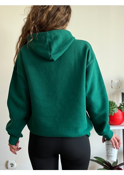 Koyu Yeşil 3 Iplik Şardonlu Kışlık Kalın Kapüşonlu Unisex Sweatshirt modelleri