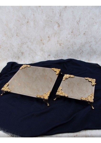Metal Ayaklı Bronz Aynalı Sunum Tepsisi Gold 2li 2 Boy Tepsi Sunumluk Aksesuar modelleri