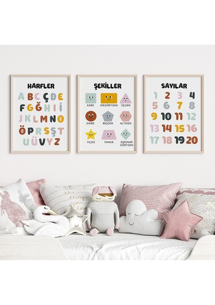 3'lı Eğitici Tablo Seti 2, Harfler, Sayılar, Şekiller, Bebek ve Çocuk Odası Tablosu