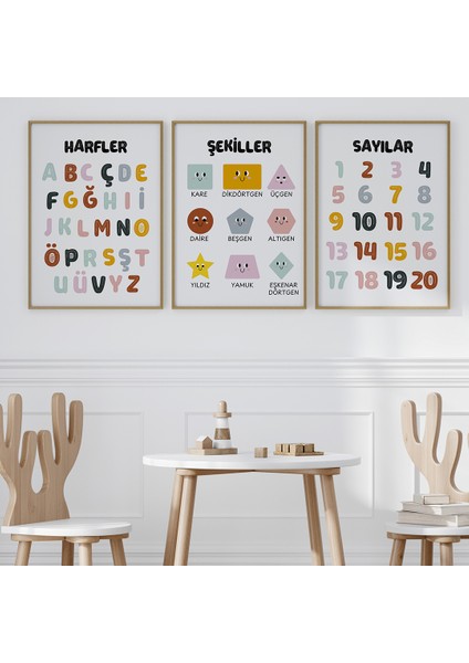 3'lı Eğitici Tablo Seti 2, Harfler, Sayılar, Şekiller, Bebek ve Çocuk Odası Tablosu