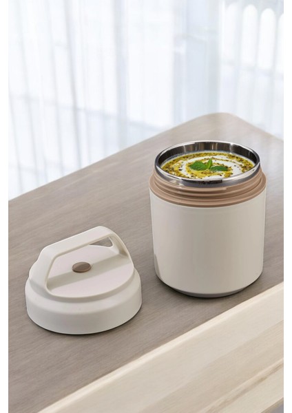 Bento Taşınabilir Paslanmaz Çelik Yemek Kabı Termosu Lunch Box Yuvarlak Bej 420ML
