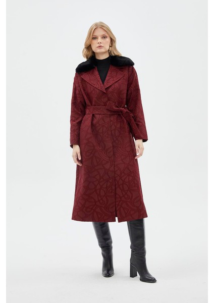 Yaka Kürk Detaylı Desenli Bordo Giy Çık 13594