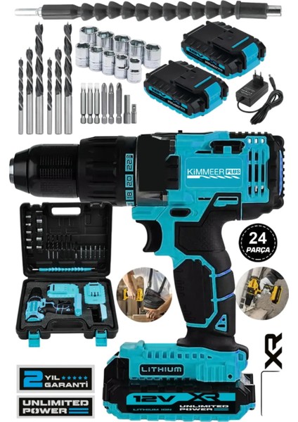 Tools Kimmer Plus 12V 2AH Metal Şanzıman Çift Akülü Bakır Sargı 24 Parça Şarjlı Akülü Vidalama Matkap
