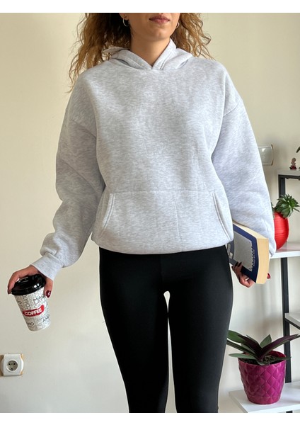 Gri 3 Iplik Şardonlu Kışlık Kalın Kapüşonlu Unisex Sweatshirt