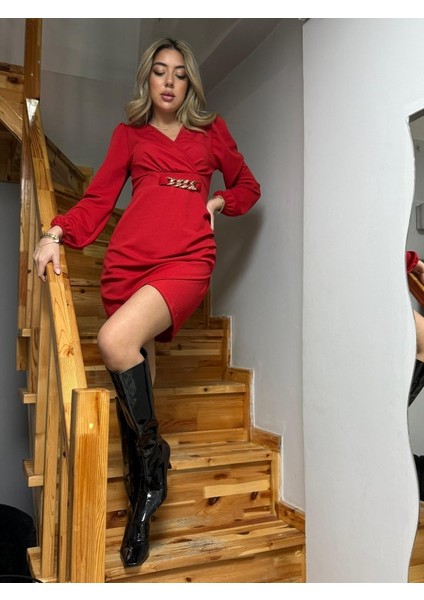 Kadın Uzun Kollu Kruvaze Yaka Önden Asimetrik Detay Kısa Krep Elbise