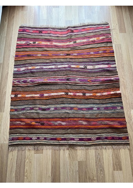 4x5 Handwoven Turkish Kilim, Purple Striped Pattern With Pıtrak Motif, Vintage Wool Carpet, Boho Style Area Rug For Living Room Or Kitchen
