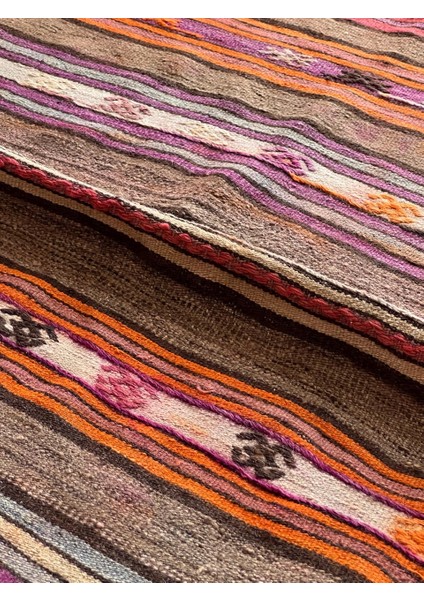 4x5 Handwoven Turkish Kilim, Purple Striped Pattern With Pıtrak Motif, Vintage Wool Carpet, Boho Style Area Rug For Living Room Or Kitchen modelleri