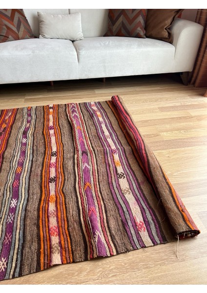 4x5 Handwoven Turkish Kilim, Purple Striped Pattern With Pıtrak Motif, Vintage Wool Carpet, Boho Style Area Rug For Living Room Or Kitchen fırsatları