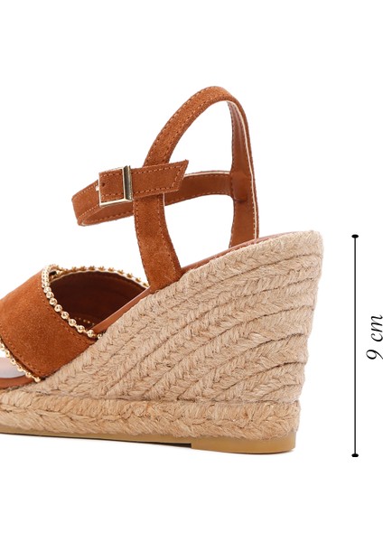 Kadın Taba Bilekten Bantlı Dolgu Topuklu Süet Deri Espadril Sandalet 25SFD205910
