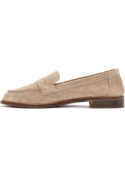 Kadın Bej Süet Deri Maskülen Loafer 25SFD151610