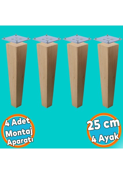 Ahşap Ayak Kare Bağlantı Aparatı Dahil Mobilya Koltuk Kanepe Sehpa Masa Ayağı 4 Adet 25 cm Ayakları