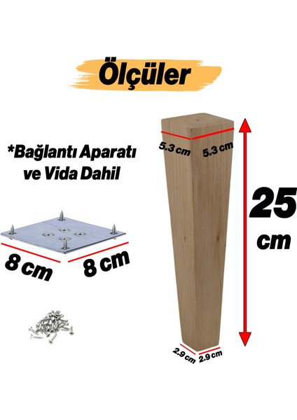 Ahşap Ayak Kare Bağlantı Aparatı Dahil Mobilya Koltuk Kanepe Sehpa Masa Ayağı 4 Adet 25 cm Ayakları