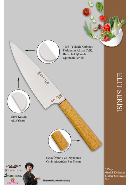 Elite Serisi Mutfak Bıçak Seti Et Ekmek Sebze Salata Fileto Şef Bıçağı 5 Li Set ( MFT-8654)