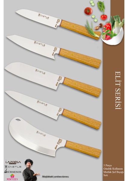 Elit Serisi Mutfak Bıçak Seti Et Ekmek Sebze Salata Pizza Doğrama Şef Bıçağı 5 Li Set ( MFT-4572 )