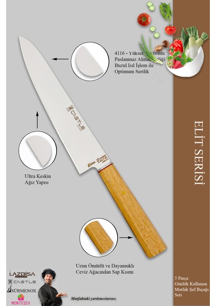 Elit Serisi Mutfak Bıçak Seti Et Ekmek Sebze Salata Pizza Doğrama Şef Bıçağı 5 Li Set ( MFT-4572 ) modelleri