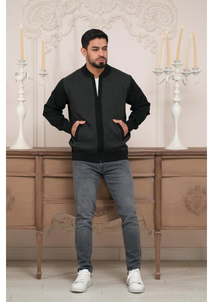 Pilot Yaka Fermuar Kapamalı Klasik Kesim Astarlı Desenli Çelik Örgü Hırka