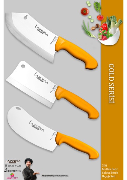 Lizbisa Gold Serisi Pide Börek Mutfak Bıçağı Salata Pizza Bıçak Kıyma Et Satırı Doğrama 3 Lü Set ( Mft-002 )