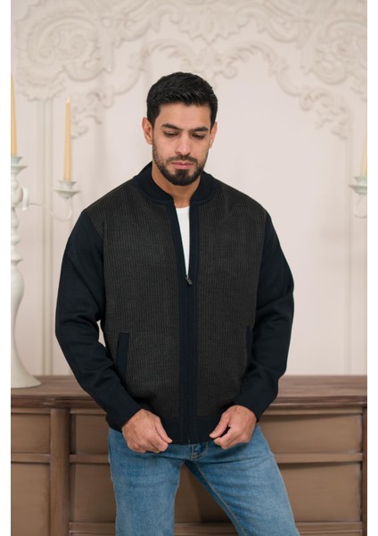 Pilot Yaka Fermuar Kapamalı Klasik Kesim Astarlı Desenli Çelik Örgü Hırka