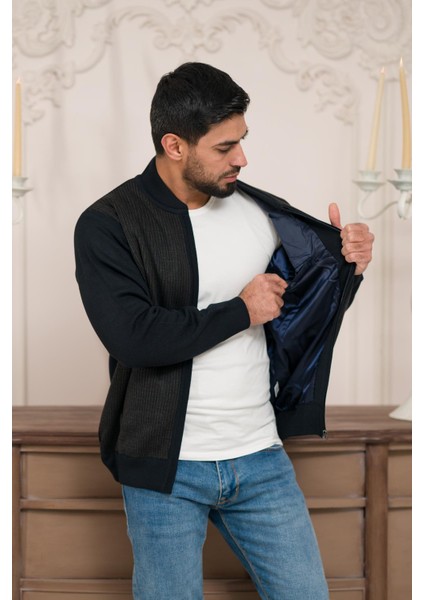 Pilot Yaka Fermuar Kapamalı Klasik Kesim Astarlı Desenli Çelik Örgü Hırka fiyatları