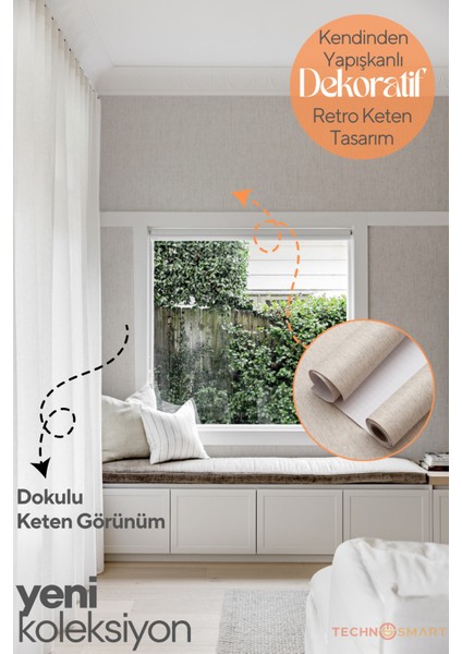60 cm ×300 cm Kendinden Yapışkanlı Dokulu Keten Görünümlü Duvar Kağıdı Mutfak Dolap Kaplama